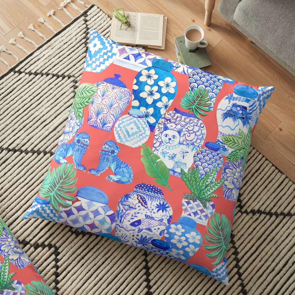 chinese ginger jars on coral Floor Pillow