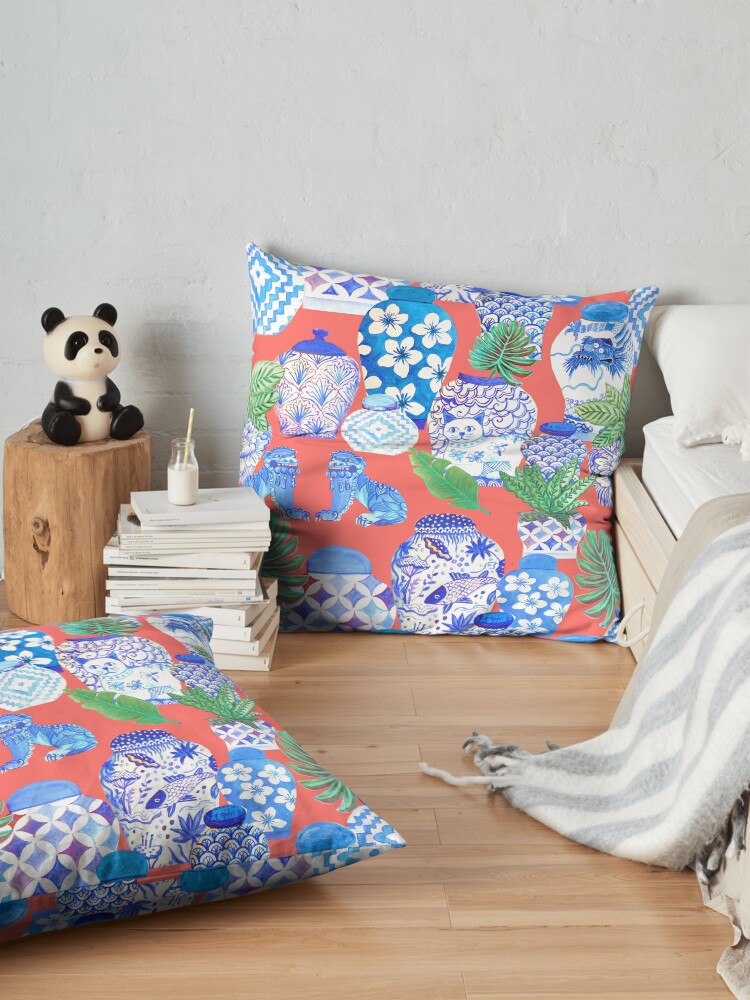Alternate view of chinese ginger jars on coral Floor Pillow