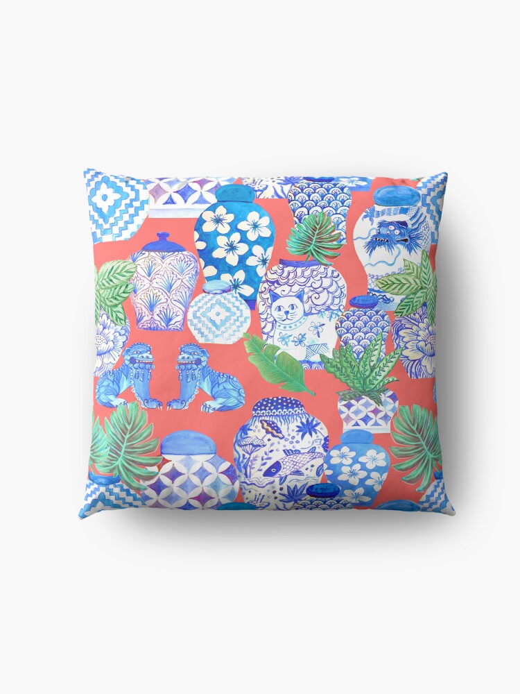 Alternate view of chinese ginger jars on coral Floor Pillow