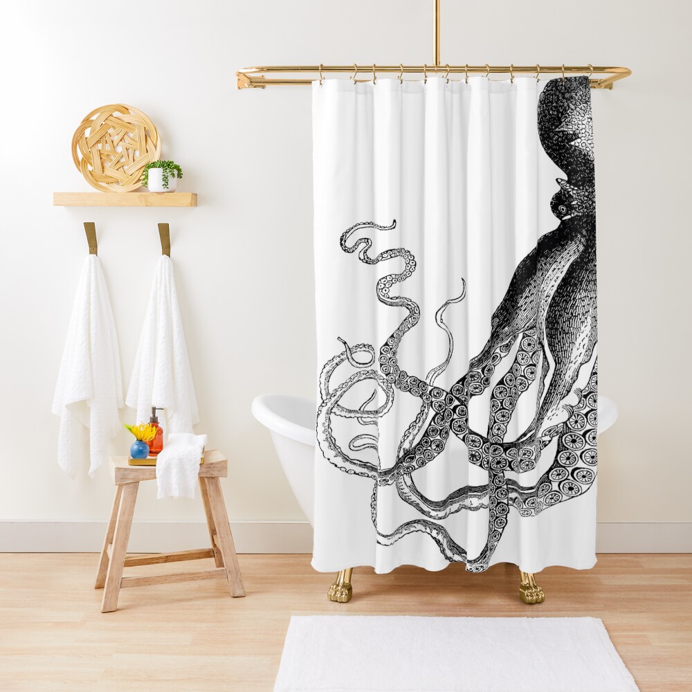 Half Octopus | Left Side | Vintage Octopus | Tentacles | Sea Creatures | Nautical | Ocean | Sea | Beach | Diptych | Black and White | Shower Curtain