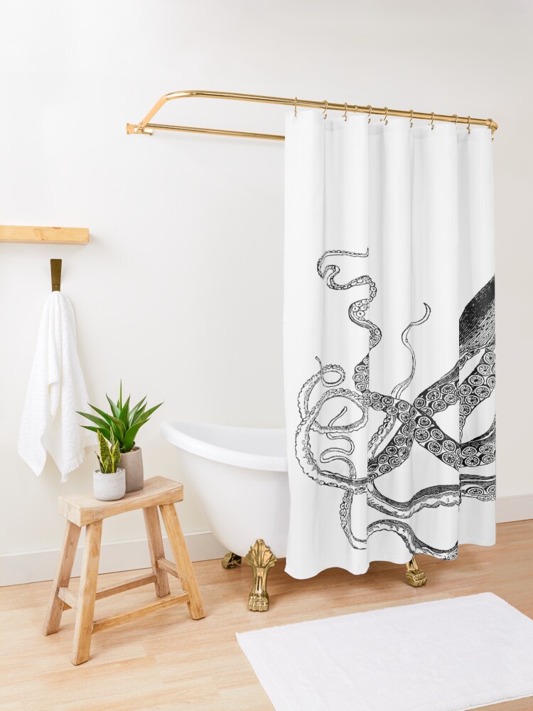 Alternate view of Half Octopus | Left Side | Vintage Octopus | Tentacles | Sea Creatures | Nautical | Ocean | Sea | Beach | Diptych | Black and White | Shower Curtain