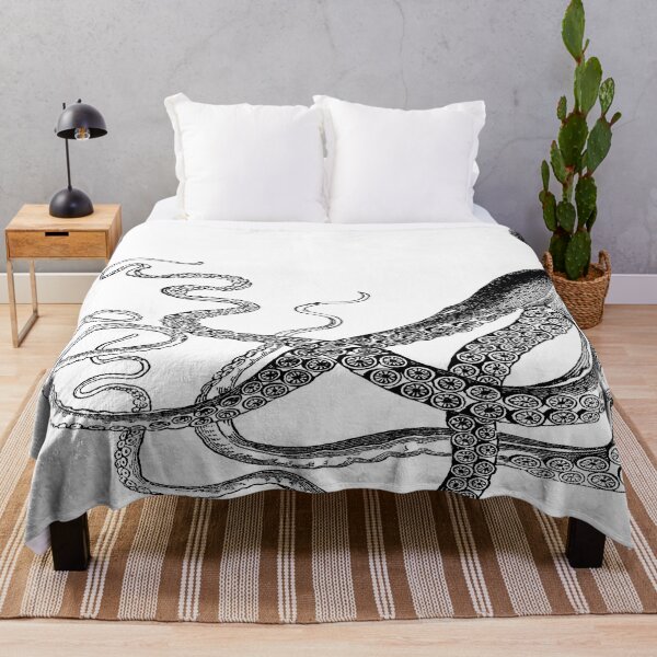 Half Octopus | Left Side | Vintage Octopus | Tentacles | Sea Creatures | Nautical | Ocean | Sea | Beach | Diptych | Black and White | Throw Blanket