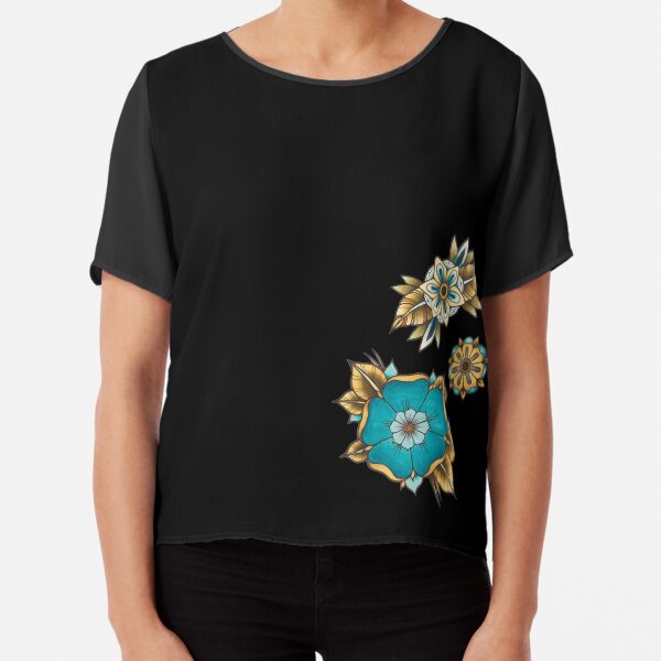 Blue and Gold watercolour flowers design Chiffon Top