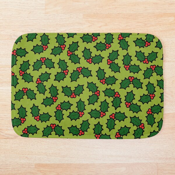 Holly Leaves and Berries Pattern in Light Green Bath Mat