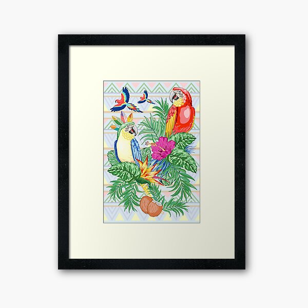 Macaws Parrots Exotic Birds on Tropical Flowers and Leaves Framed Art Print