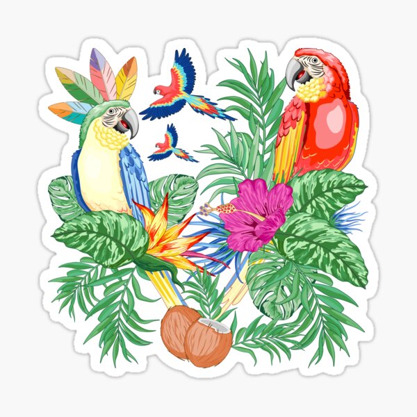 Macaws Parrots Exotic Birds on Tropical Flowers and Leaves Sticker