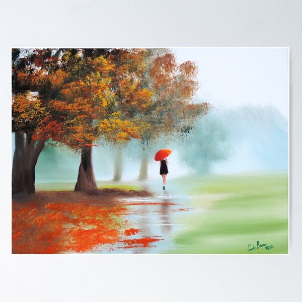 Item preview, Woman with a red umbrella autumn landscape art poster designed and sold by GORDON BRUCE ART.