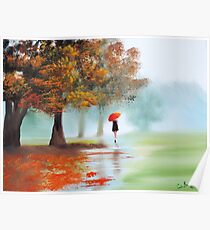 Woman with a red umbrella autumn landscape art poster Poster