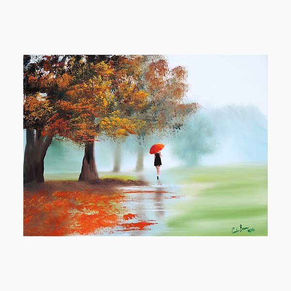 Item preview, Woman with a red umbrella autumn landscape art poster designed and sold by GORDON BRUCE ART.