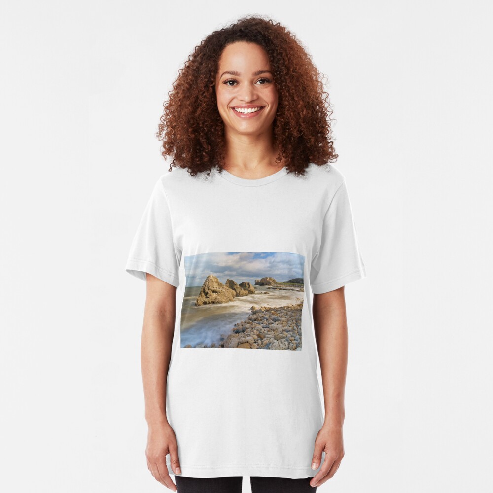 Incoming Tide at Trow Quarry Beach, South Shields, Tyne and Wear Slim Fit T-Shirt