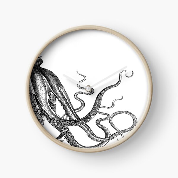 Half Octopus | Right Side | Vintage Octopus | Tentacles | Sea Creatures | Nautical | Ocean | Sea | Beach | Diptych | Black and White | Clock
