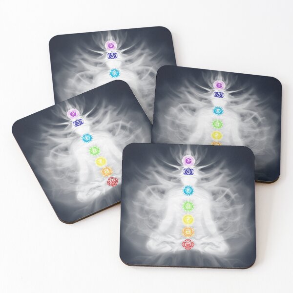 Item preview, Woman meditating in lotus pose silhouette with Chakras and energy flow art photo print designed and sold by MaximImages .com Exquisite Arts.