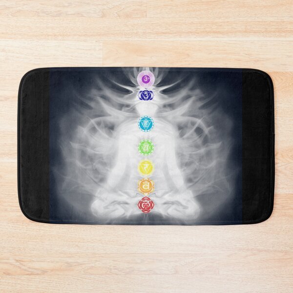 Item preview, Woman meditating in lotus pose silhouette with Chakras and energy flow art photo print designed and sold by MaximImages .com Exquisite Arts.