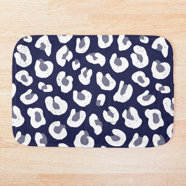 Leopard Print - Navy Blue and White Bath Mat