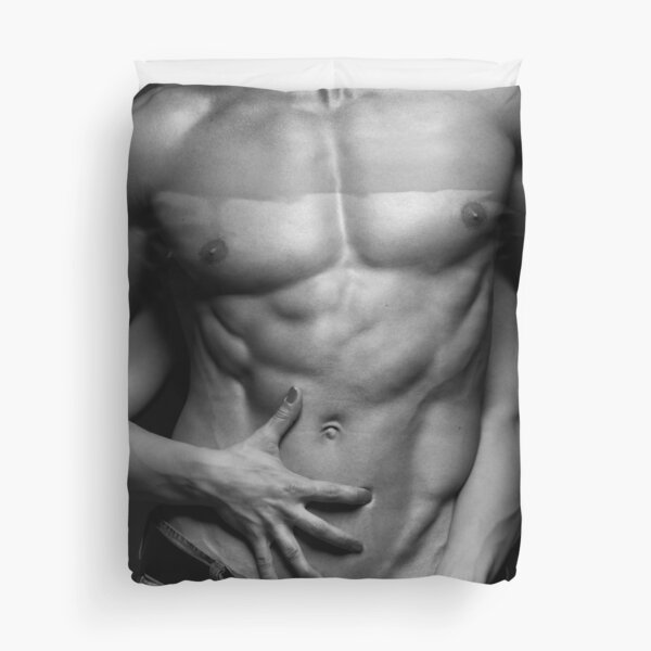 Man hands covering nude woman breasts black and white Duvet Cover