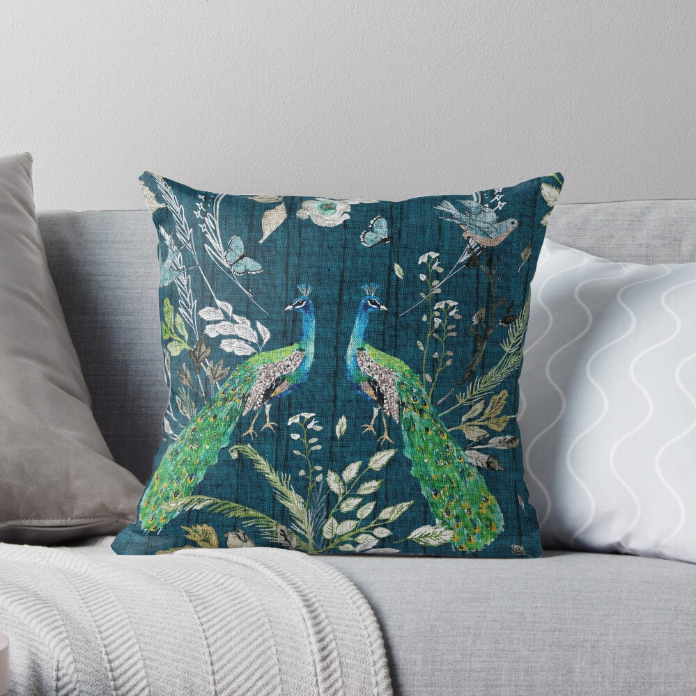 Peacock Chinoiserie (teal) Throw Pillow