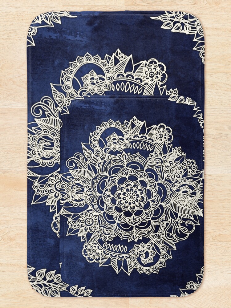 Alternate view of Cream Floral Moroccan Pattern on Deep Indigo Ink Bath Mat