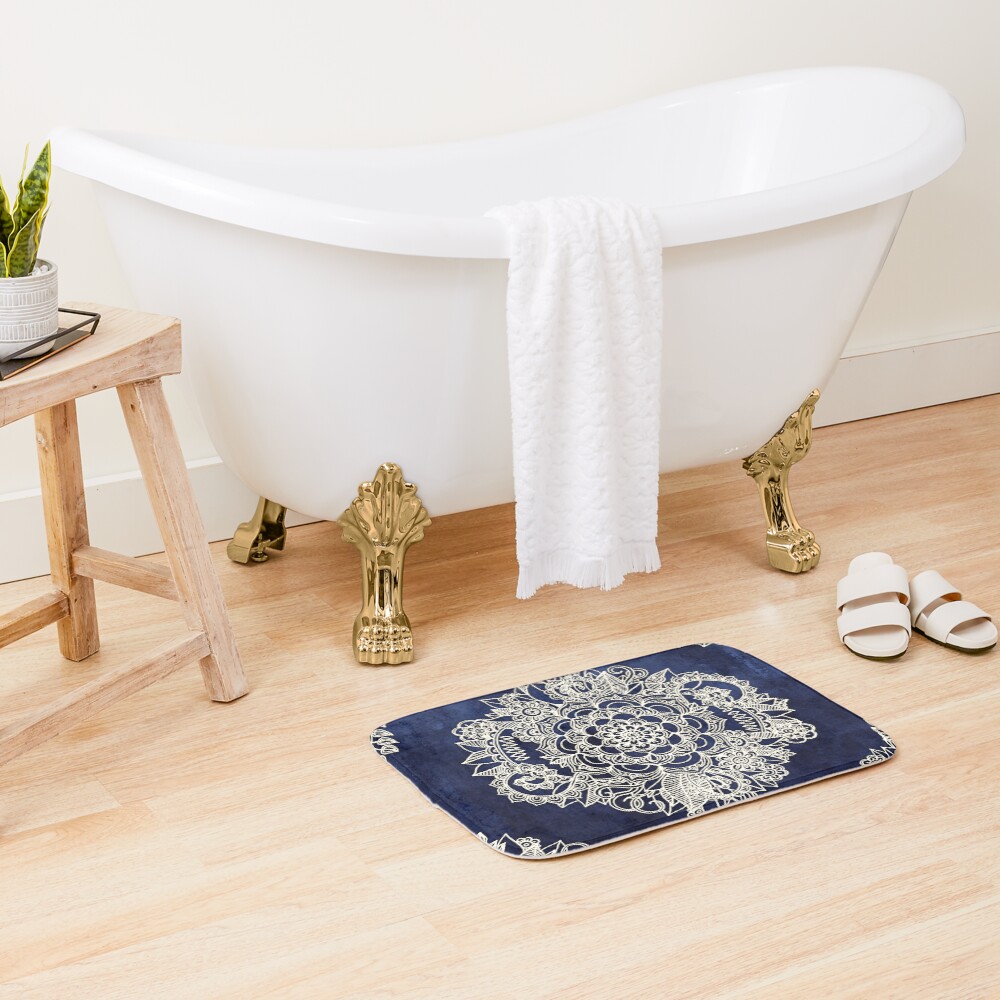 Cream Floral Moroccan Pattern on Deep Indigo Ink Bath Mat