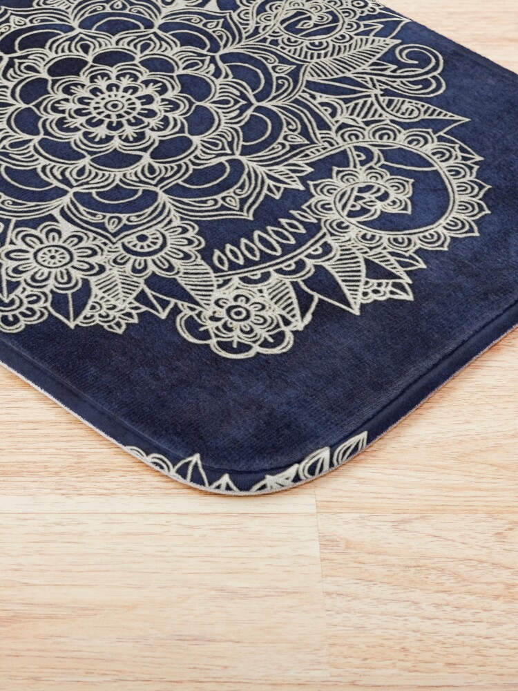 Alternate view of Cream Floral Moroccan Pattern on Deep Indigo Ink Bath Mat
