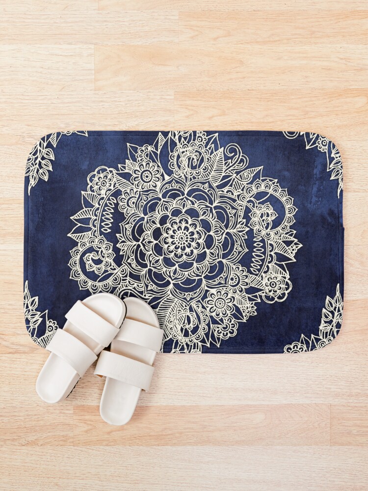 Alternate view of Cream Floral Moroccan Pattern on Deep Indigo Ink Bath Mat