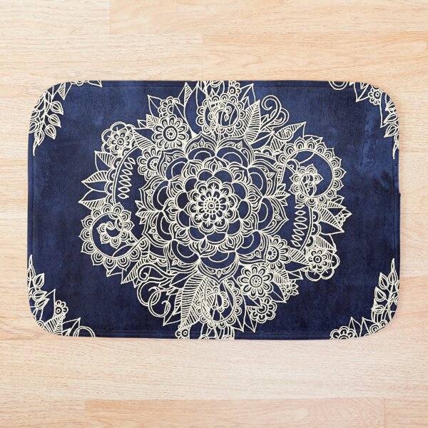 Cream Floral Moroccan Pattern on Deep Indigo Ink Bath Mat