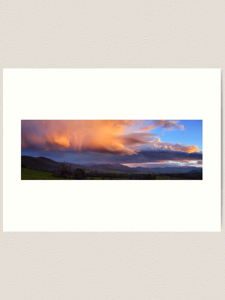 Thumbnail 1 of 3, Art Print, Stormy Sunset over Happy Valley, Myrtleford, Victoria, Australia designed and sold by Chockstone.