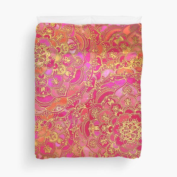 Hot Pink and Gold Baroque Floral Pattern Duvet Cover