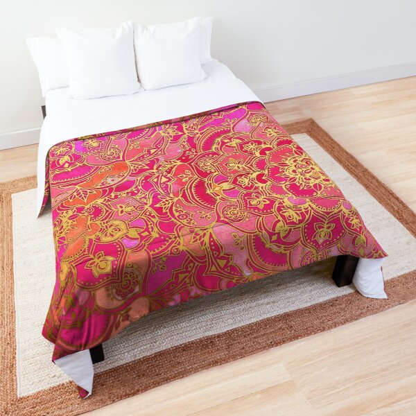 Hot Pink and Gold Baroque Floral Pattern Comforter