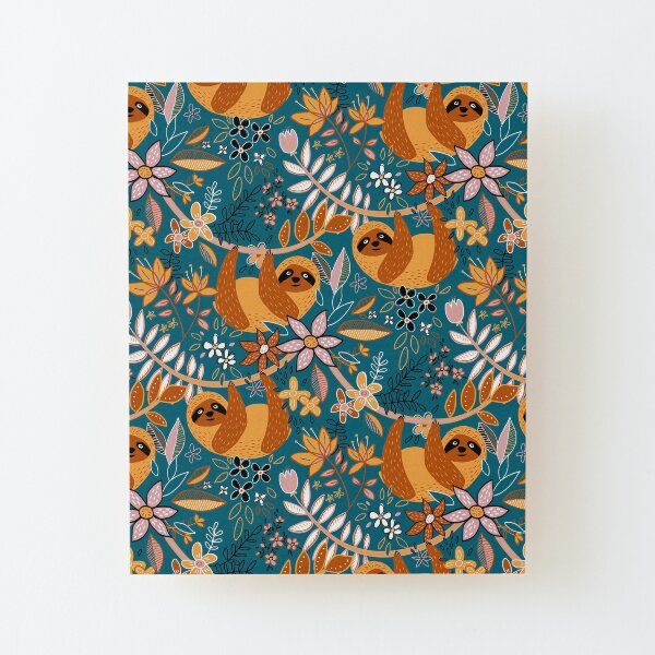 Happy Boho Sloth Floral Wood Mounted Print