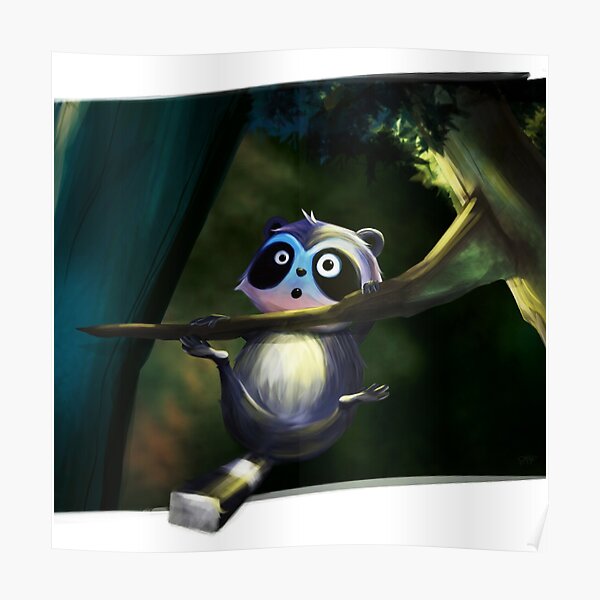Baby Raccoon Falls From Branch Poster
