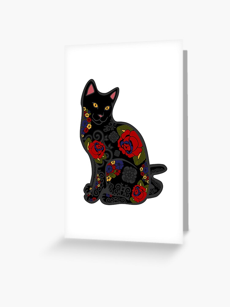 Carte De Vœux Chat Noir Avec Des Tatouages De Fleurs Par Epitomegirl Redbubble