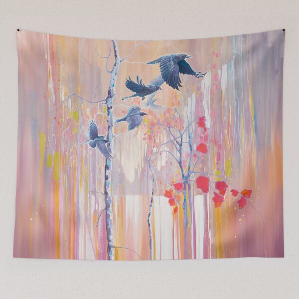 Item preview, The Ravens Quest - flying ravens in semi abstract winter landscape designed and sold by Gill Bustamante.