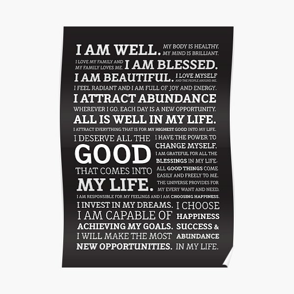Positive Affirmations (White on Black) Poster