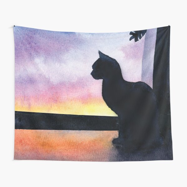 Artikel-Vorschau von Katze, die einen Sonnenuntergang im Aquarell ansieht, designt und verkauft von Kelly Roy.