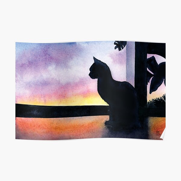 Cat Viewing a Sunset in Watercolor Poster