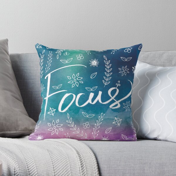 Blue Teal Purple Art, Focus Spirituality Meditation Success Art, Typography Quote Word Art, Floral Botanical Illustrations Watercolor Art Throw Pillow