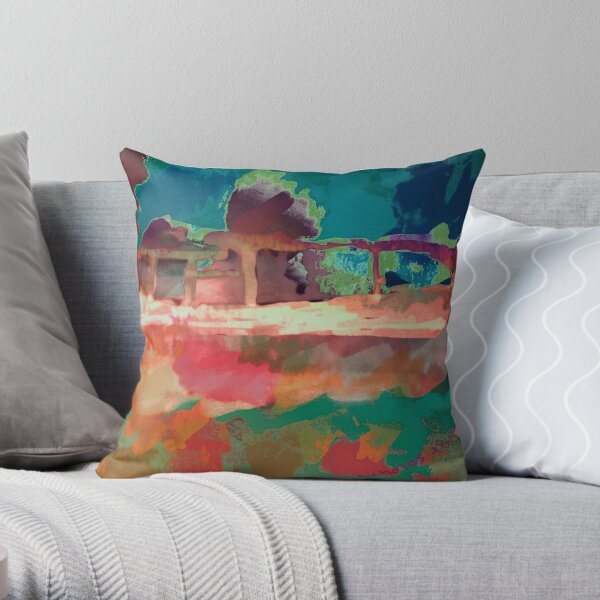Abstract Laundry Boat in Blue, Green, Orange and Pink Throw Pillow