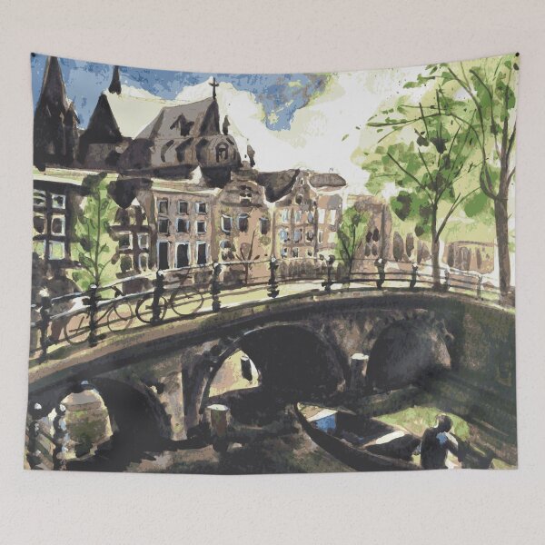 Item preview, Canal Bridge in Amsterdam with Dutch Buildings Netherlands designed and sold by TheJoeyStudio.
