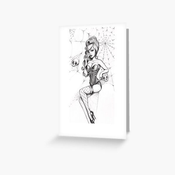 Black Widow pinup, cobwebs and skulls Greeting Card