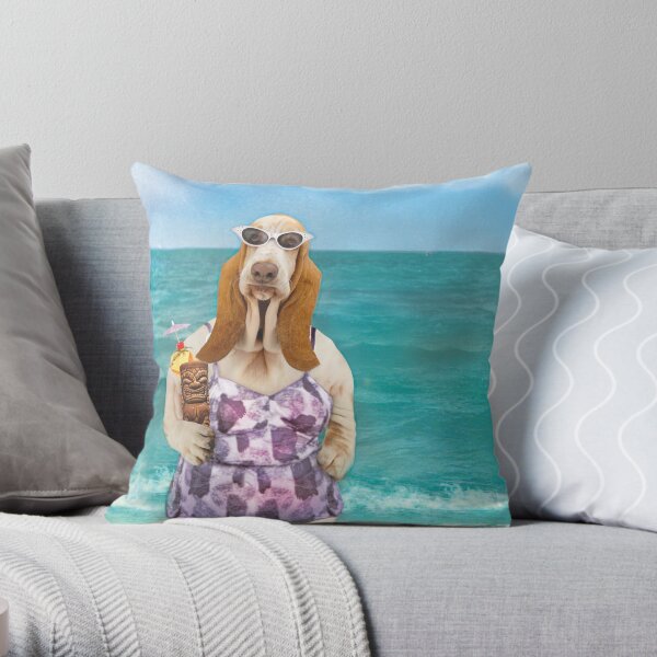 Basset Hound on the beach dressed up in a bathing suit. Throw Pillow