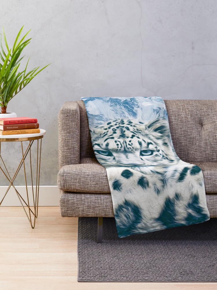Thumbnail 2 of 6, Throw Blanket, Snow Leopard Over the Mountains designed and sold by SpeculationsArt.