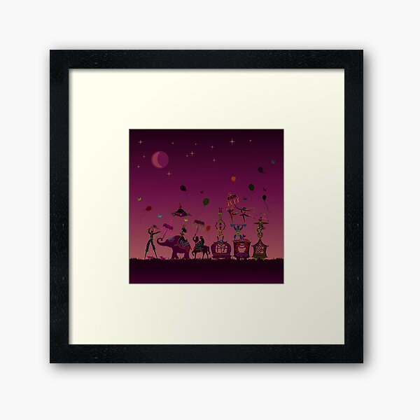 colorful circus carnival traveling in one row at night Framed Art Print