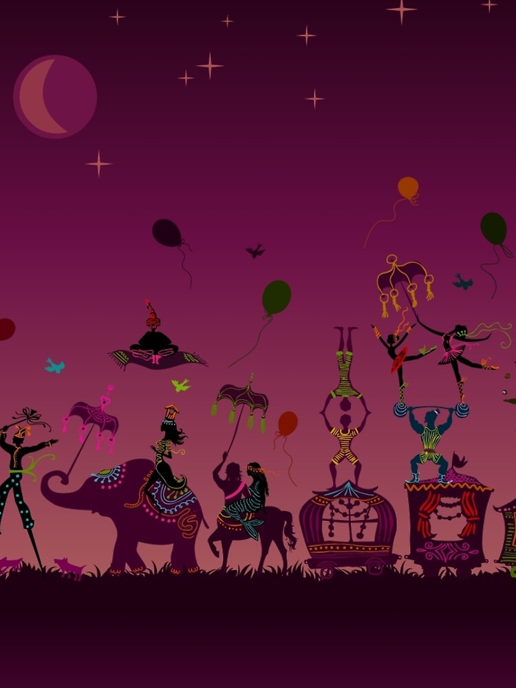 colorful circus carnival traveling in one row at night by nuanz