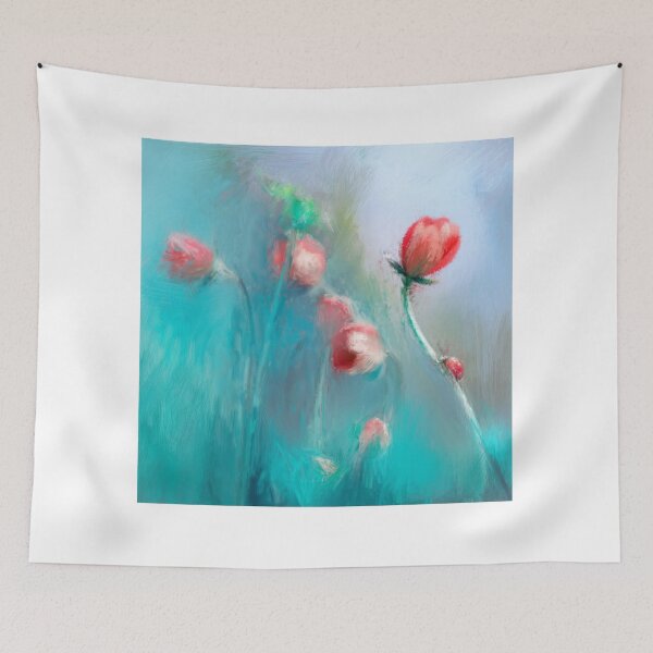 Item preview, Abstract flower painting with anemones and ladybug against blue sky.Magical  colorful artistic image tenderness of nature, spring floral wallpaper designed and sold by KARTICK DUTTA.