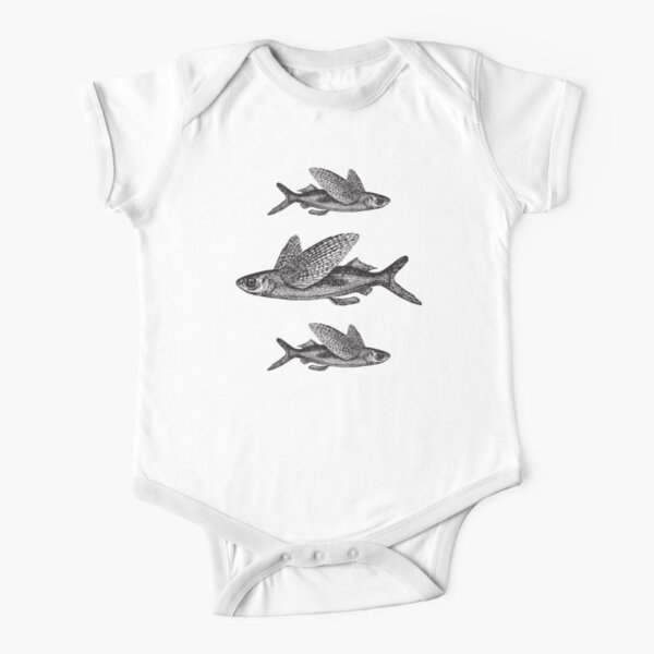 Flying Fish | Vintage Fish | Three Fish | Black and White | Short Sleeve Baby One-Piece