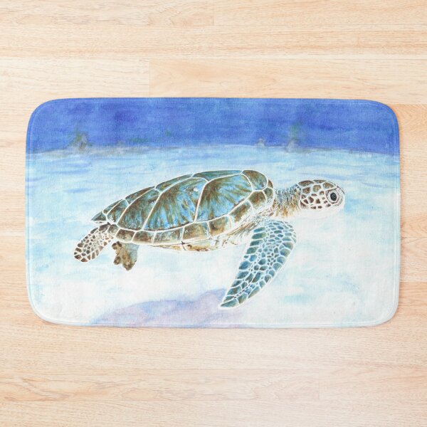 Waves Bath Mat Cartoon Japanese Big Waves Turtle Scenery Print