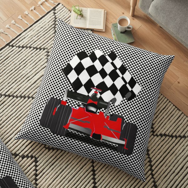 Red Race Car with Checkered Flag Floor Pillow
