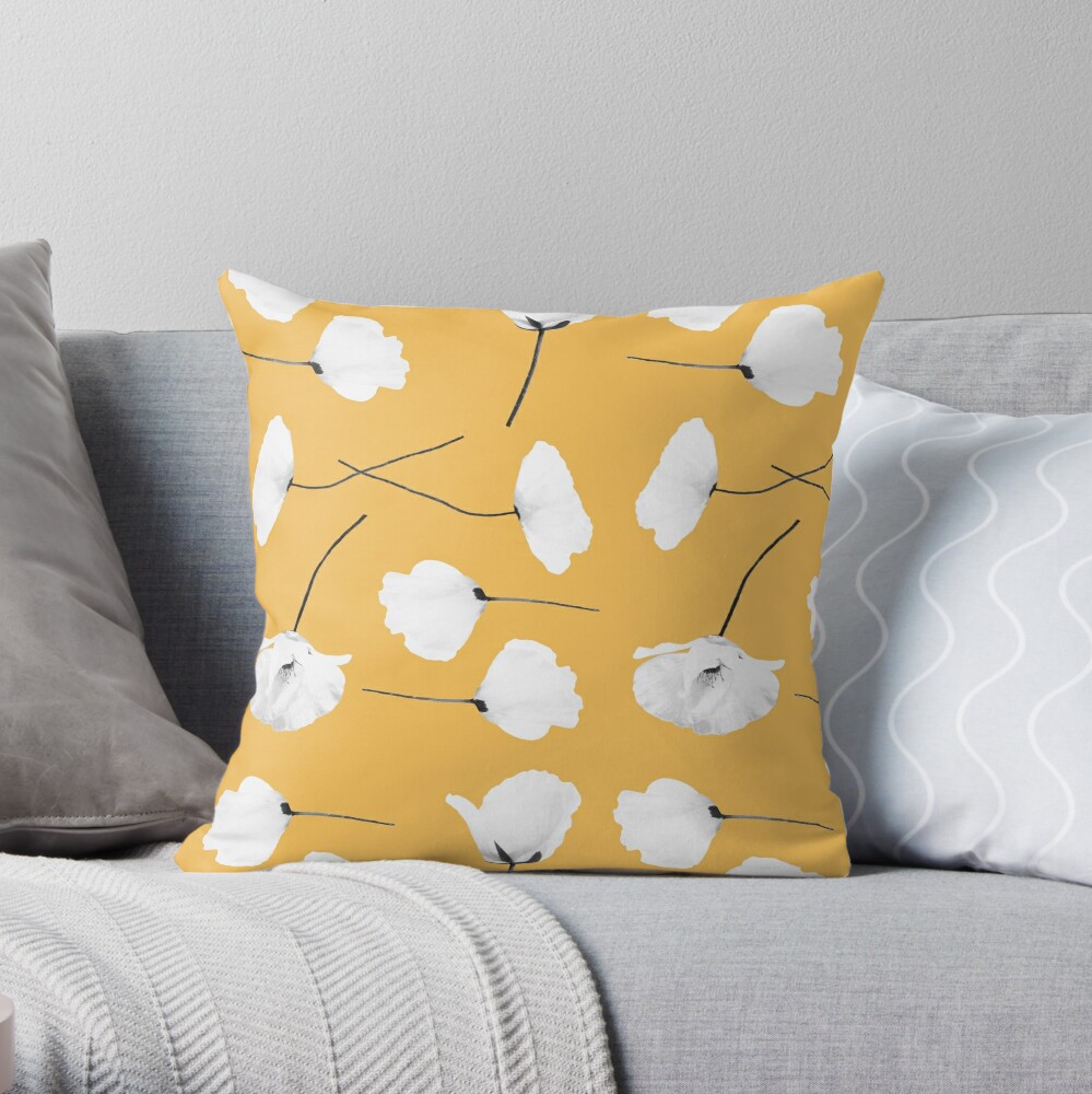 Pillow Poppies on mustard | Redbubble by ARTbyJWP - Grey sofa yellow pillows