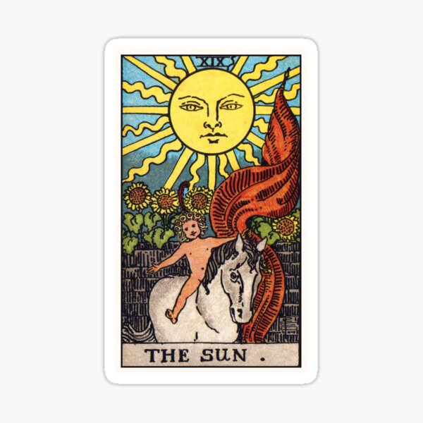 Representación de alta resolución del estilo tradicional Rider-Waite.
La carta de Sun Tarot irradia optimismo y positividad. Un gran Pegatina