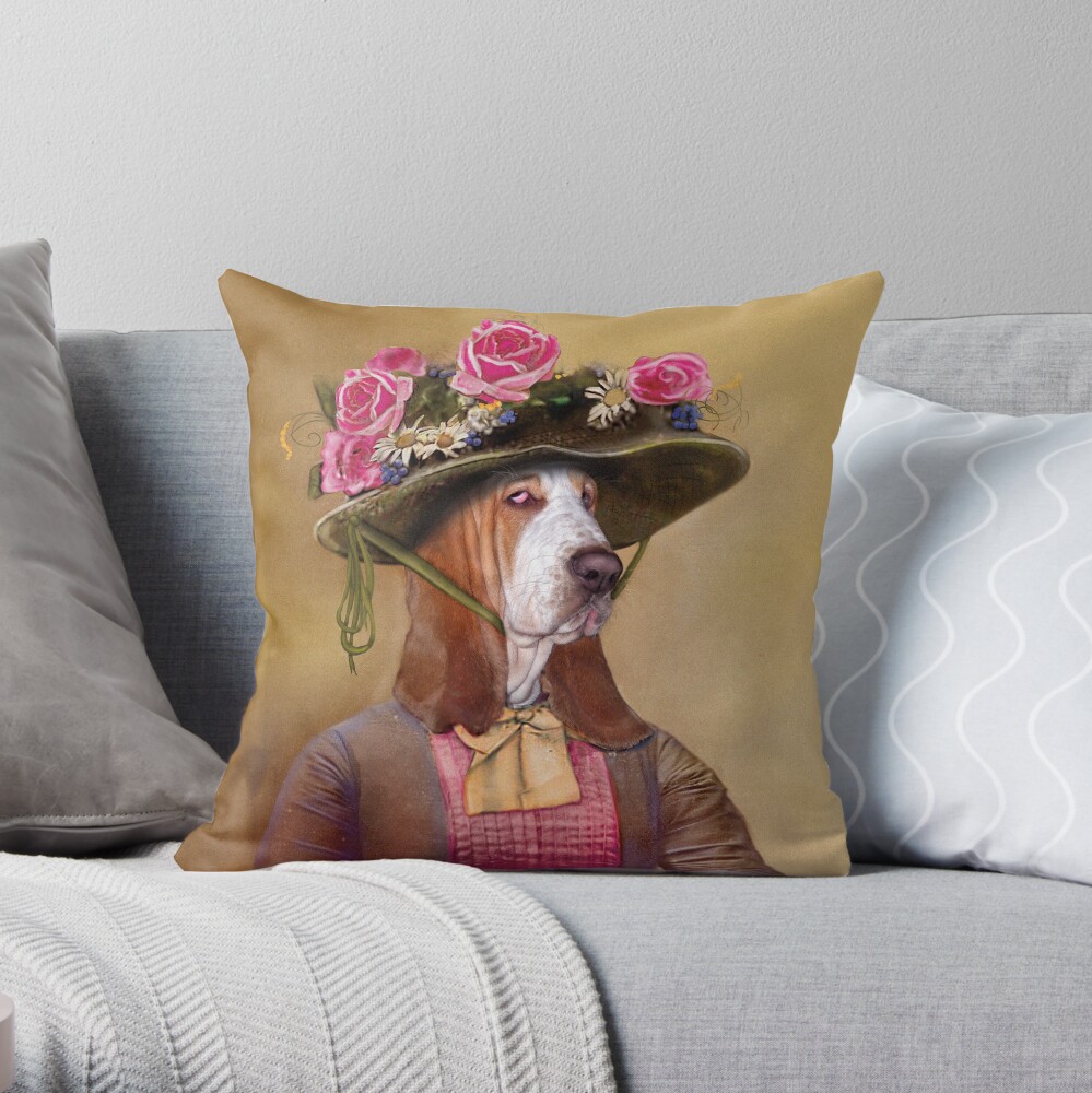 Victorian Basset Hound in a springtime hat. Throw Pillow